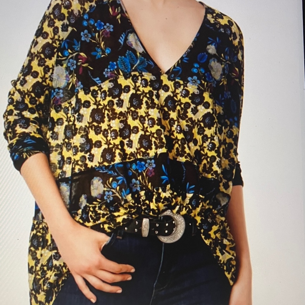 Free People Floral V-Neck Blouse - Yellow and Blue size oversized small medium